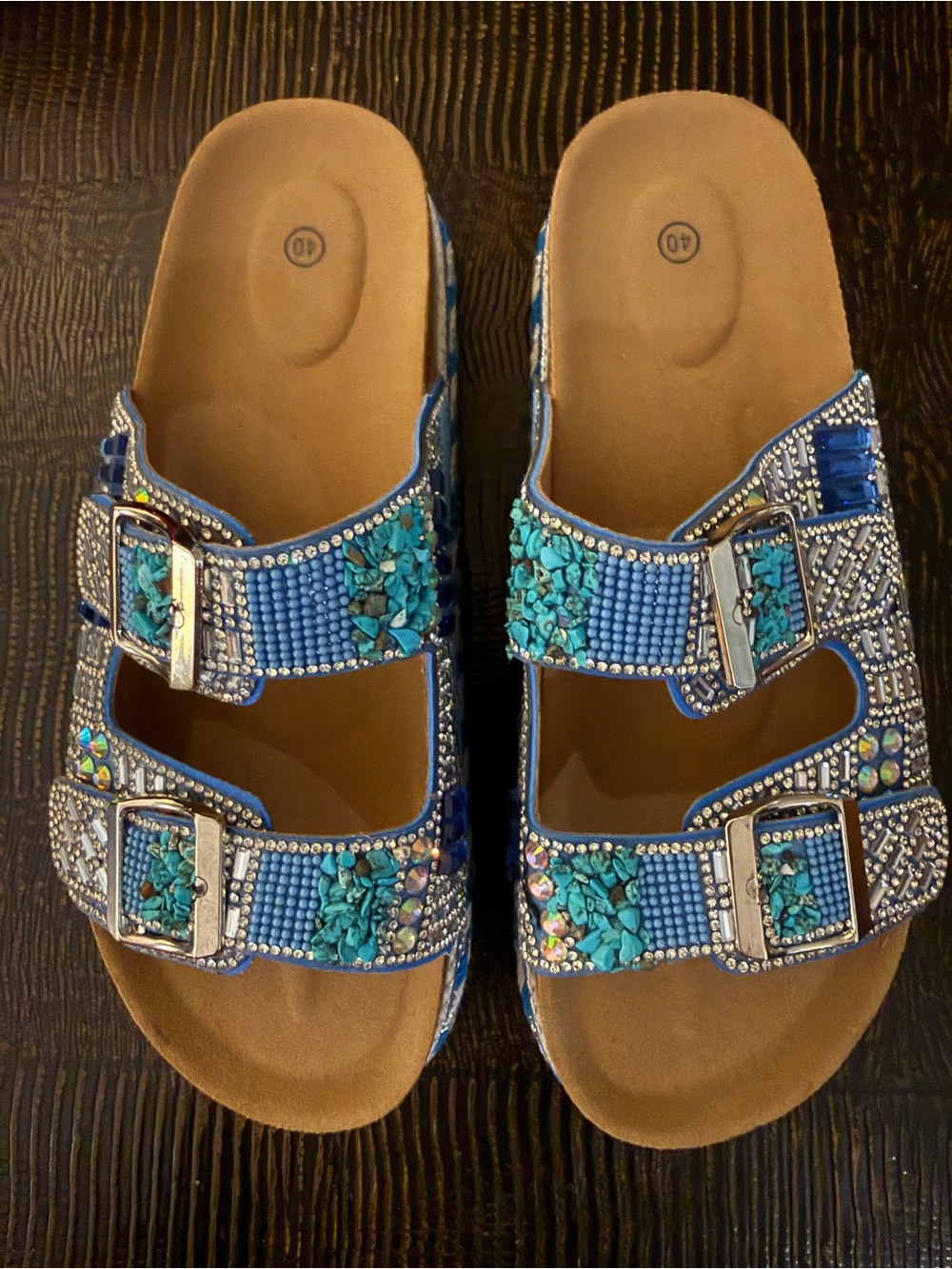 Boutique Sz 9.5 Bedazzled Beaded Blue Platform Slide Sandals Buckle Straps | EUC - Picture 10 of 11